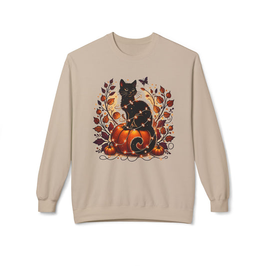Black Cat Sweatshirt, Crewneck for Fall, Cat Lovers, Halloween Cat and Pumpkin Sweatshirt