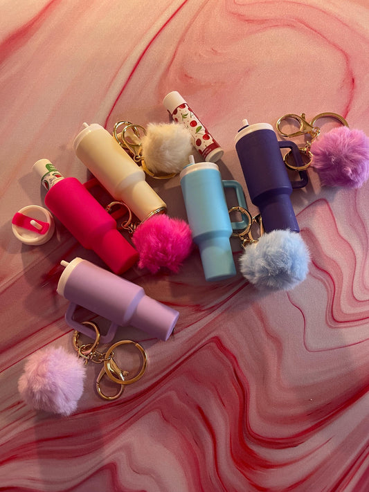 Miniature Stanley Tumbler Keychain: ChapStick Holder with Pompom