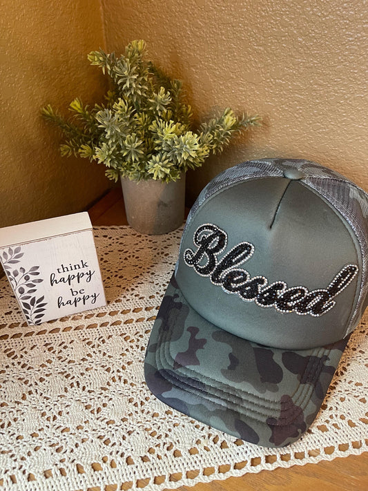 Camo Trucker Hat: 'Blessed' Rhinestone Design