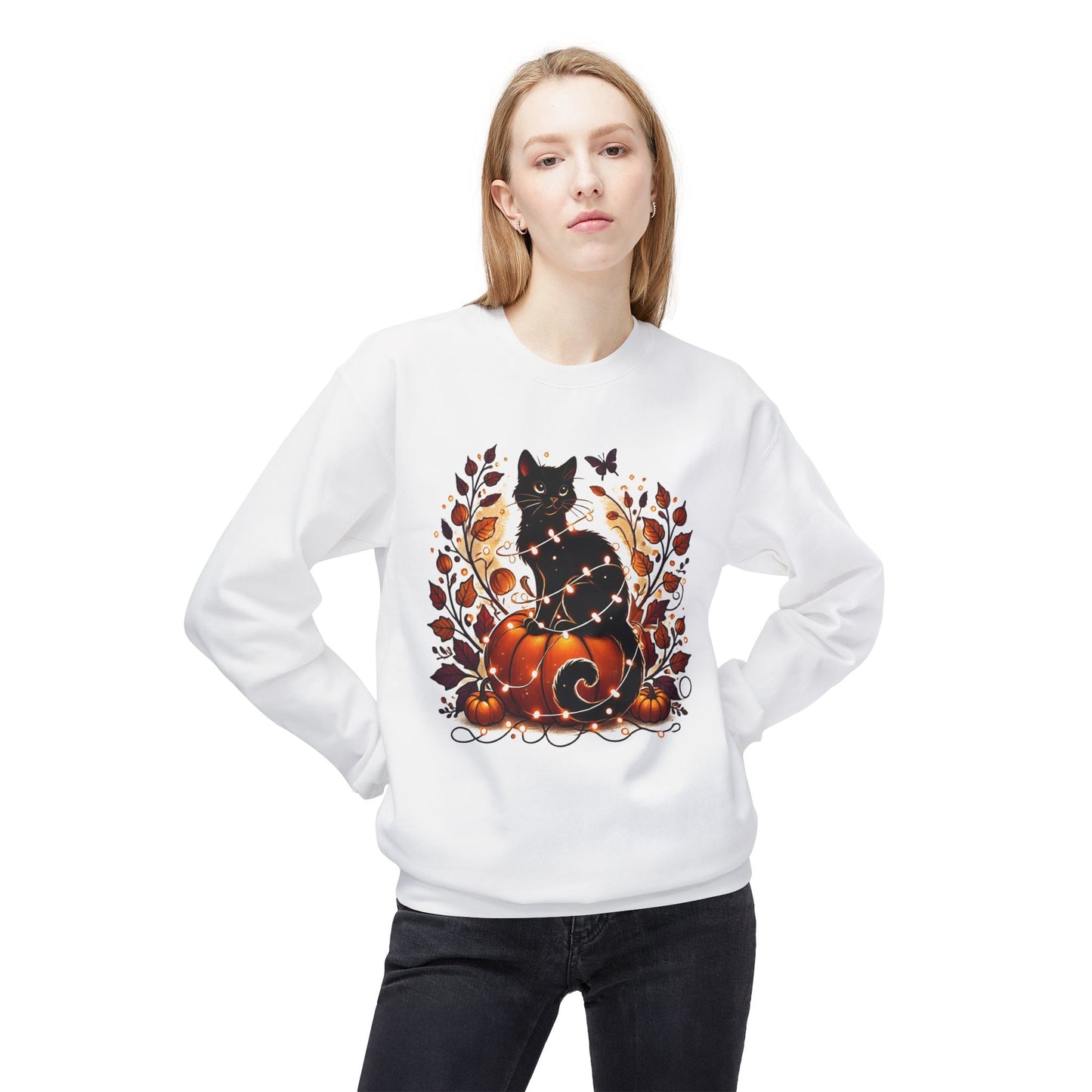 Black Cat Sweatshirt, Crewneck for Fall, Cat Lovers, Halloween Cat and Pumpkin Sweatshirt