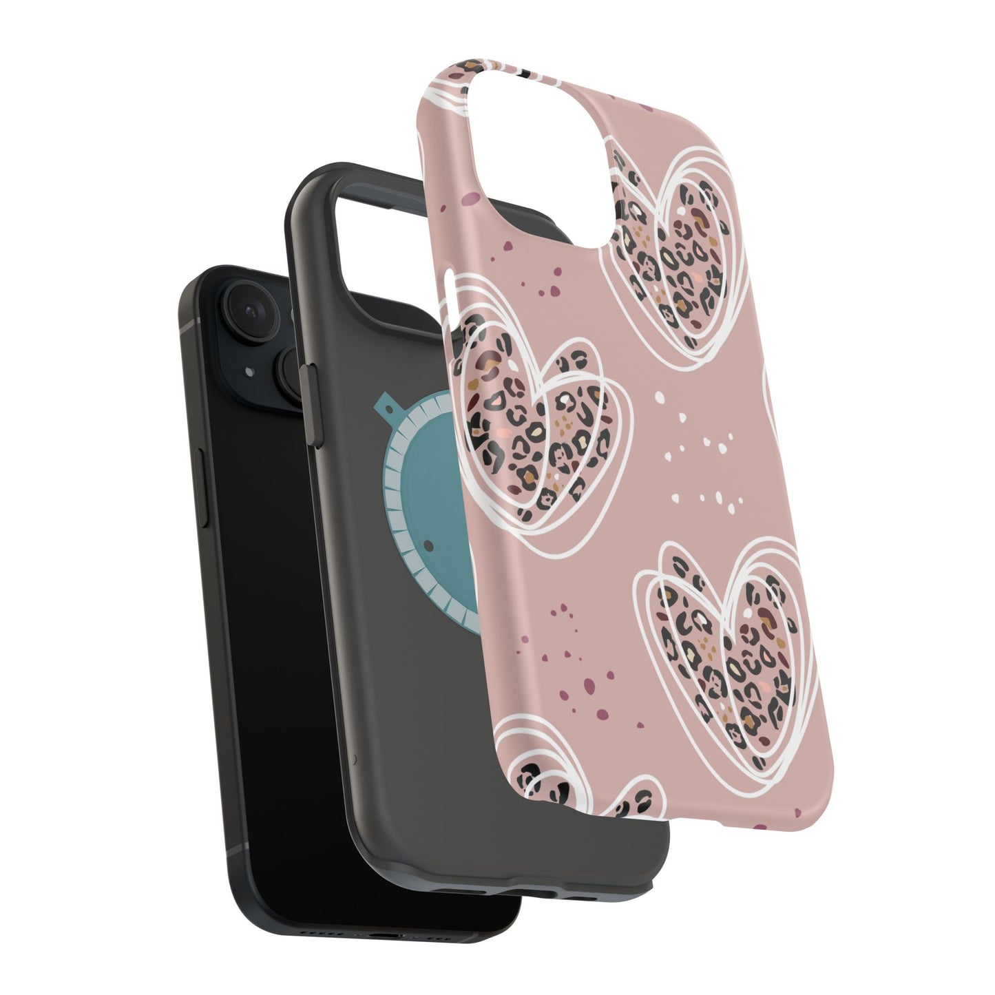 Leopard Print Pink Hearts Magnetic Tough Phone Case, Tough Phone Cover, Animal Print Phone Case, Valentine's Day Gift, Leopard Print Heart