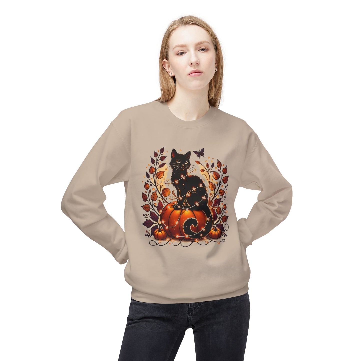Black Cat Sweatshirt, Crewneck for Fall, Cat Lovers, Halloween Cat and Pumpkin Sweatshirt