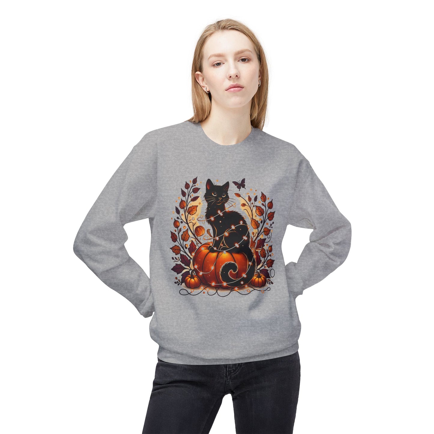 Black Cat Sweatshirt, Crewneck for Fall, Cat Lovers, Halloween Cat and Pumpkin Sweatshirt