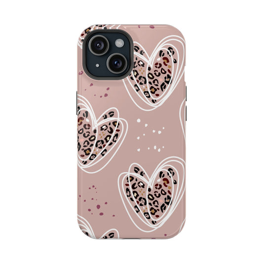 Leopard Print Pink Hearts Magnetic Tough Phone Case, Tough Phone Cover, Animal Print Phone Case, Valentine's Day Gift, Leopard Print Heart