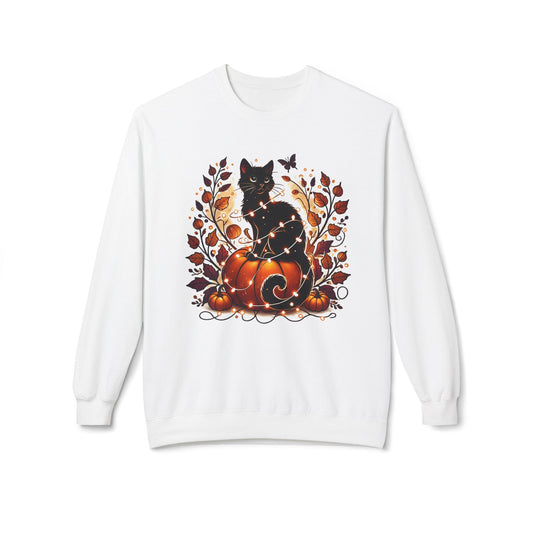 Black Cat Sweatshirt, Crewneck for Fall, Cat Lovers, Halloween Cat and Pumpkin Sweatshirt