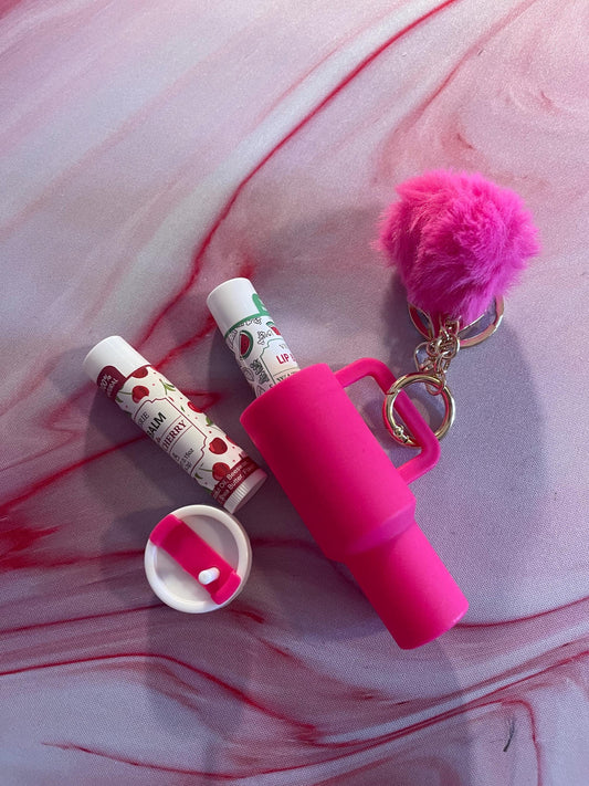 Miniature Stanley Tumbler Keychain: ChapStick Holder with Pompom