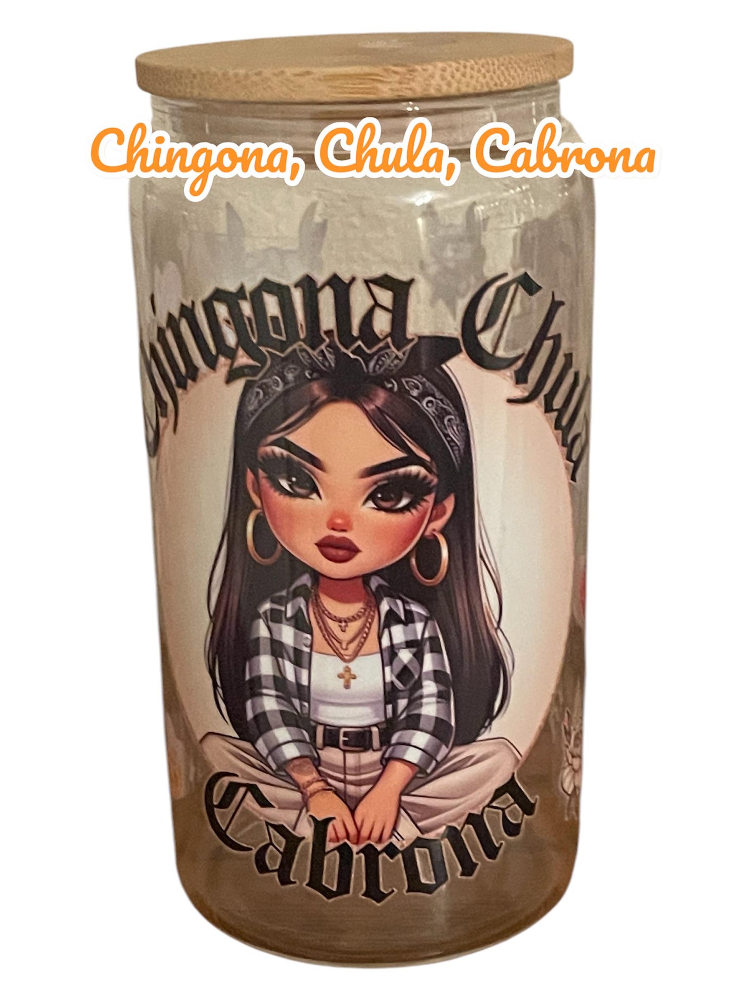 Latina drinking glass, 16 oz glass tumbler with bamboo lid