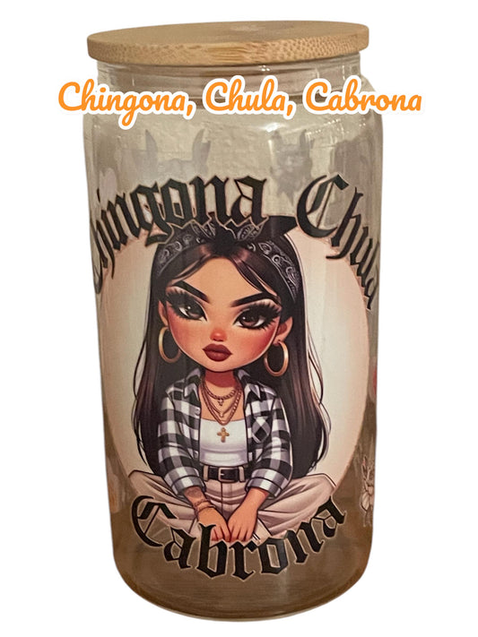 Latina drinking glass, 16 oz glass tumbler with bamboo lid