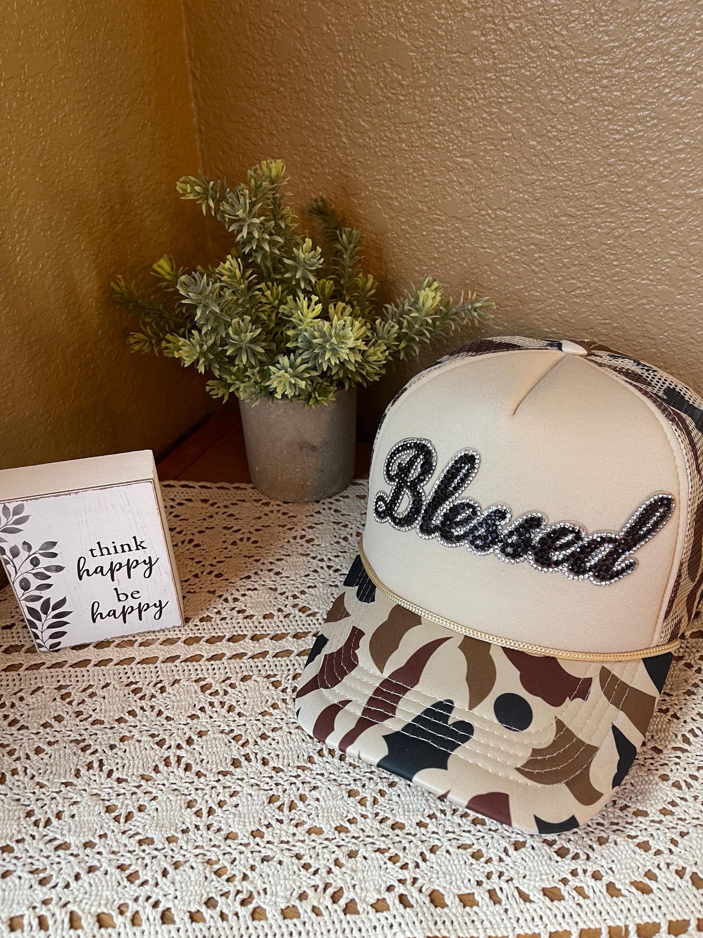 Camo Trucker Hat: 'Blessed' Rhinestone Design