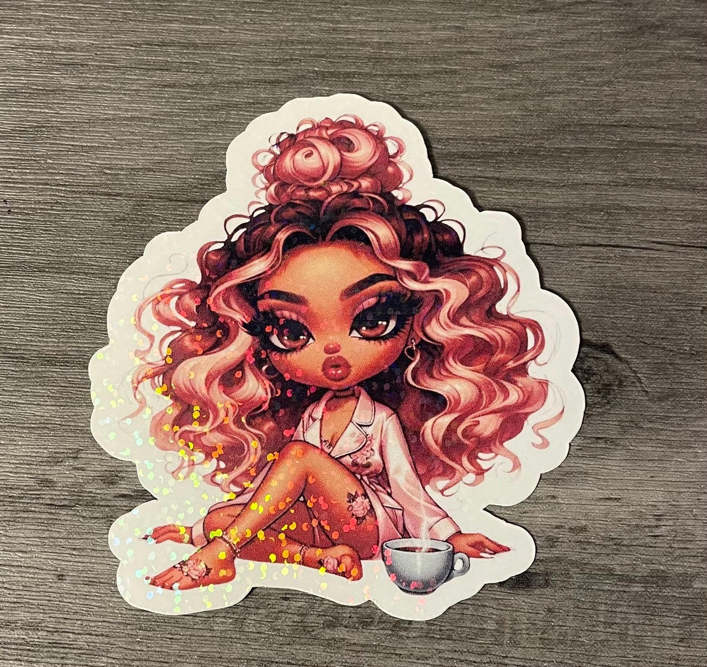 Cartoon Girl Coffee Stickers, Laminated Finish